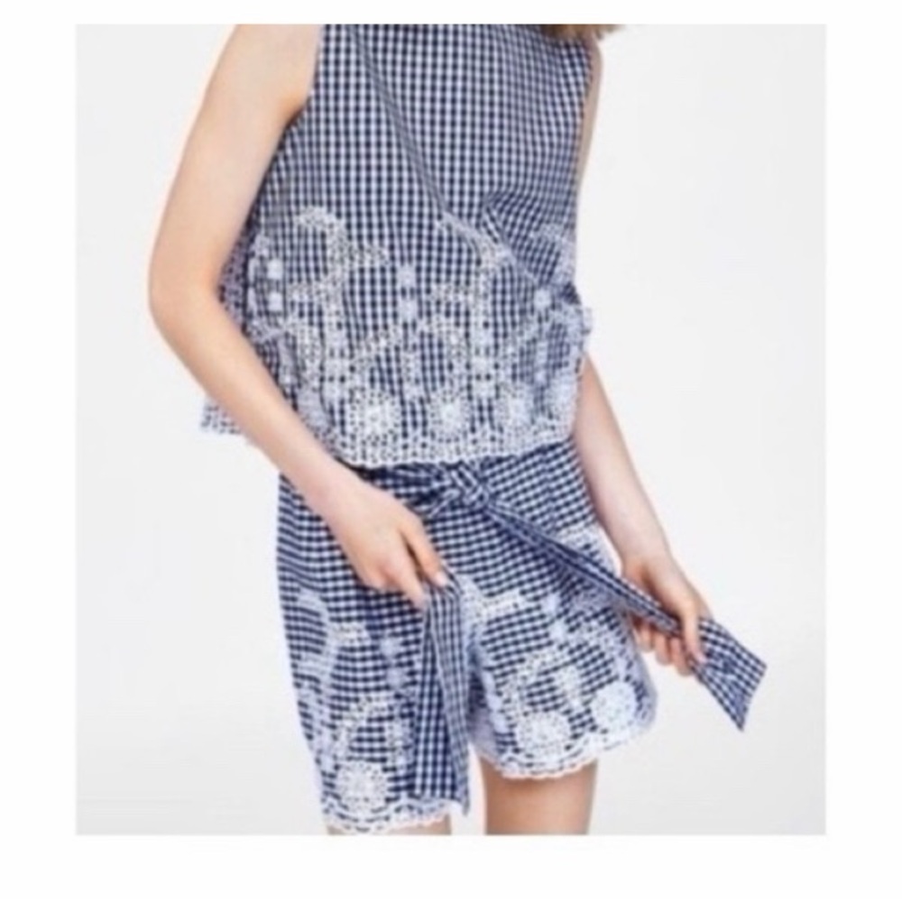 Zara Gingham Tie Waist Embroidered Shorts NWT